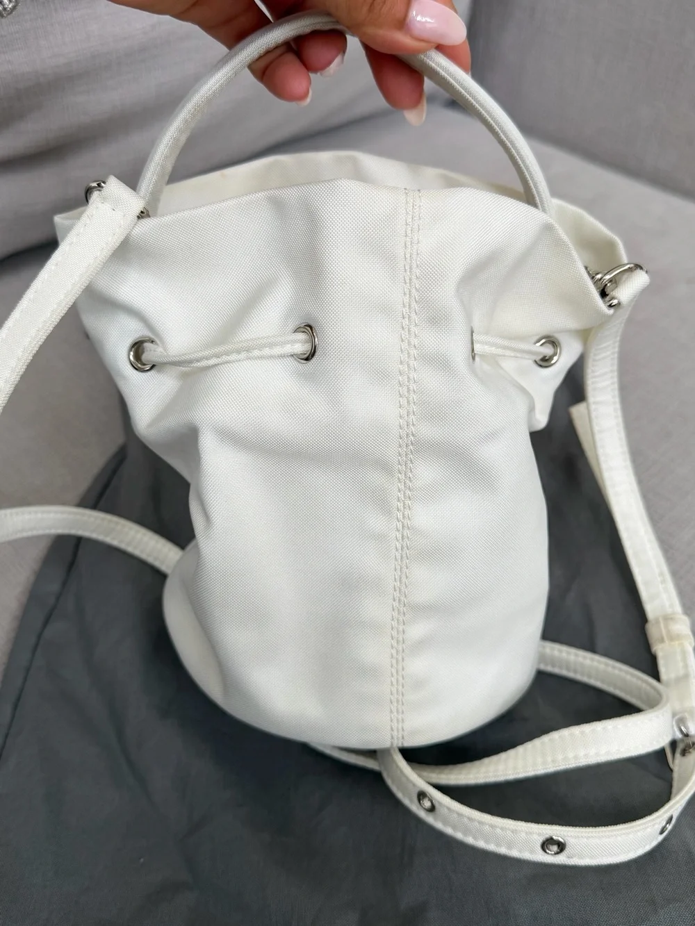 Balenciaga White Canvas Drawstring Bucket Bag with Black Logo